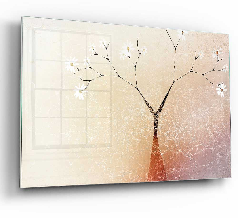 A vibrant glass print of an apple blossom tree, showcasing delicate pink flowers against a clear background, perfect for modern home decor.