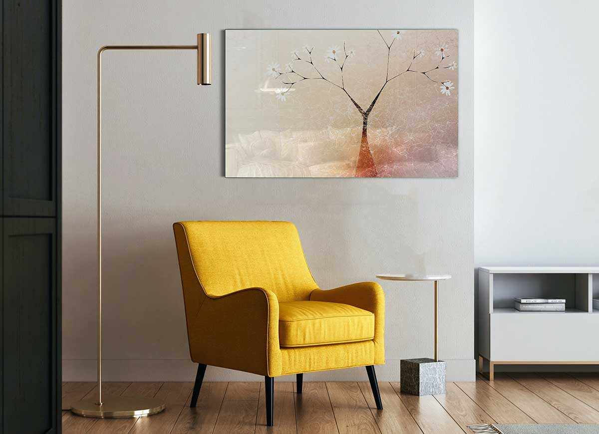 A vibrant glass print of an apple blossom tree, showcasing delicate pink flowers against a clear background, perfect for modern home decor.