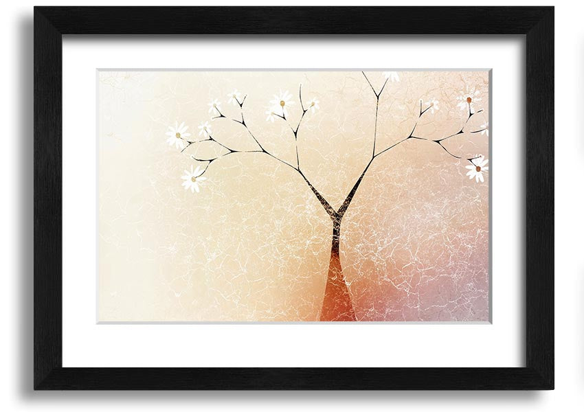 A beautifully framed print of an Apple Blossom Tree, showcasing delicate pink and white flowers against a soft background.