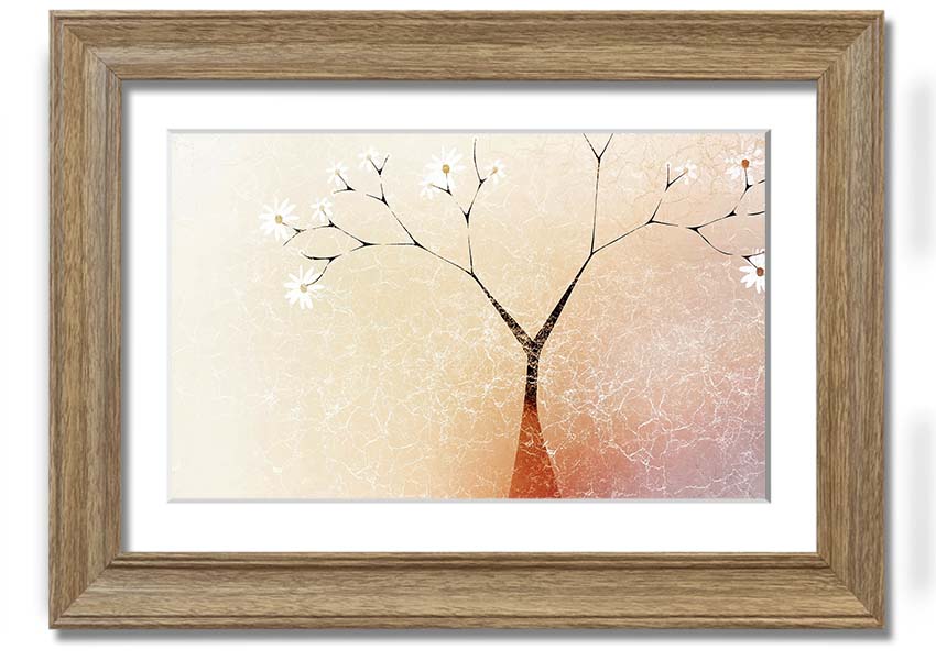 A beautifully framed print of an Apple Blossom Tree, showcasing delicate pink and white flowers against a soft background.
