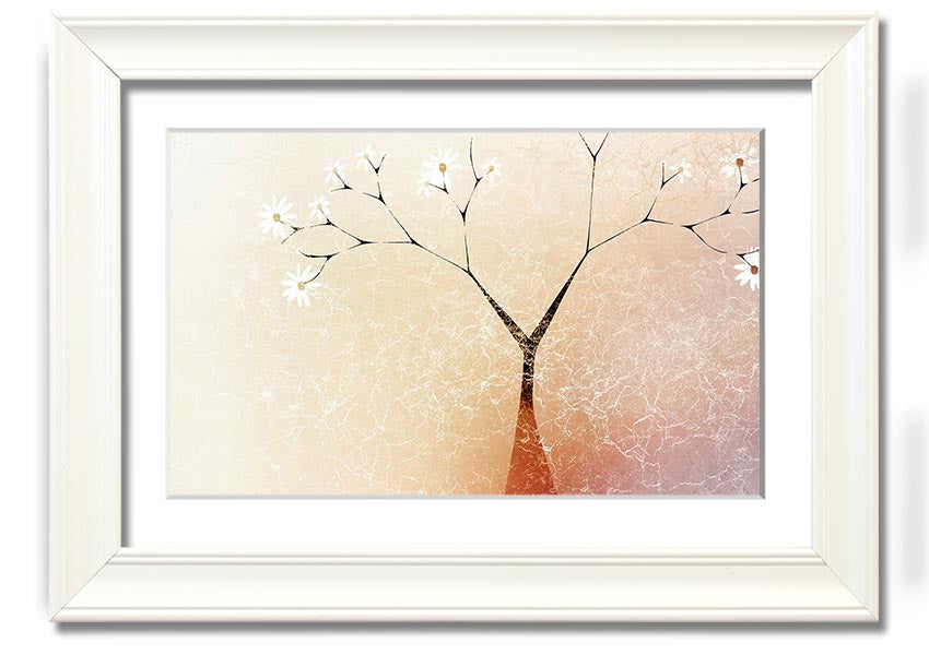 A beautifully framed print of an Apple Blossom Tree, showcasing delicate pink and white flowers against a soft background.