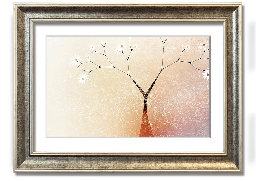 A beautifully framed print of an Apple Blossom Tree, showcasing delicate pink and white flowers against a soft background.