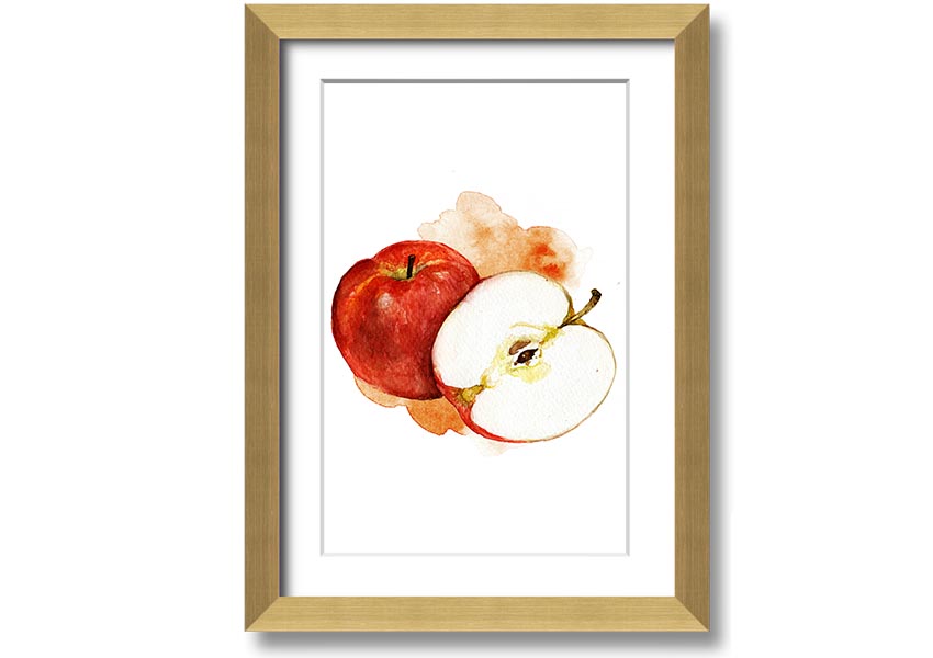 A beautifully framed print of an apple half, showcasing vibrant colors and intricate details, ready to hang on the wall.
