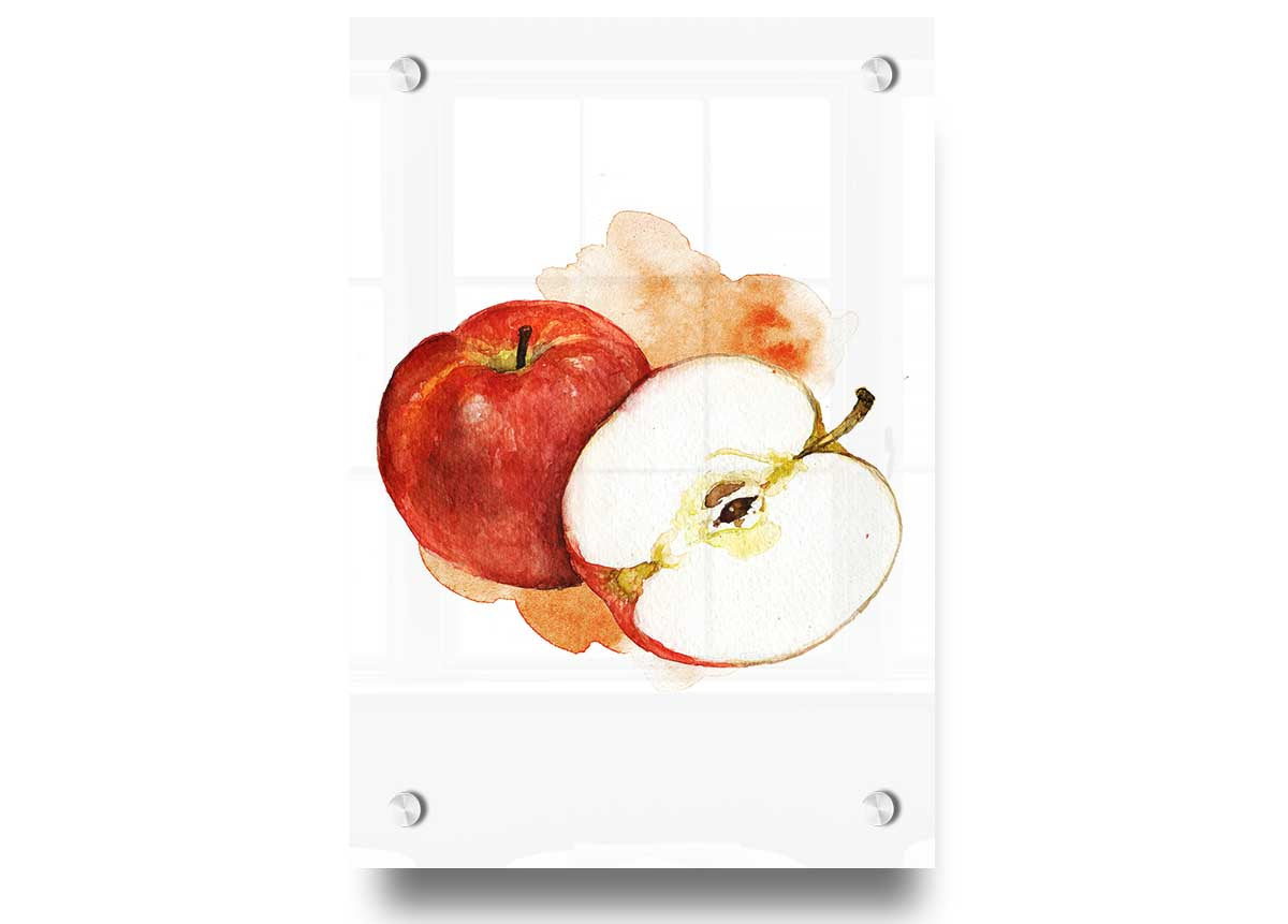 A vibrant Apple Half acrylic print showcasing a colorful apple design on 5mm thick acrylic glass, ready to hang.
