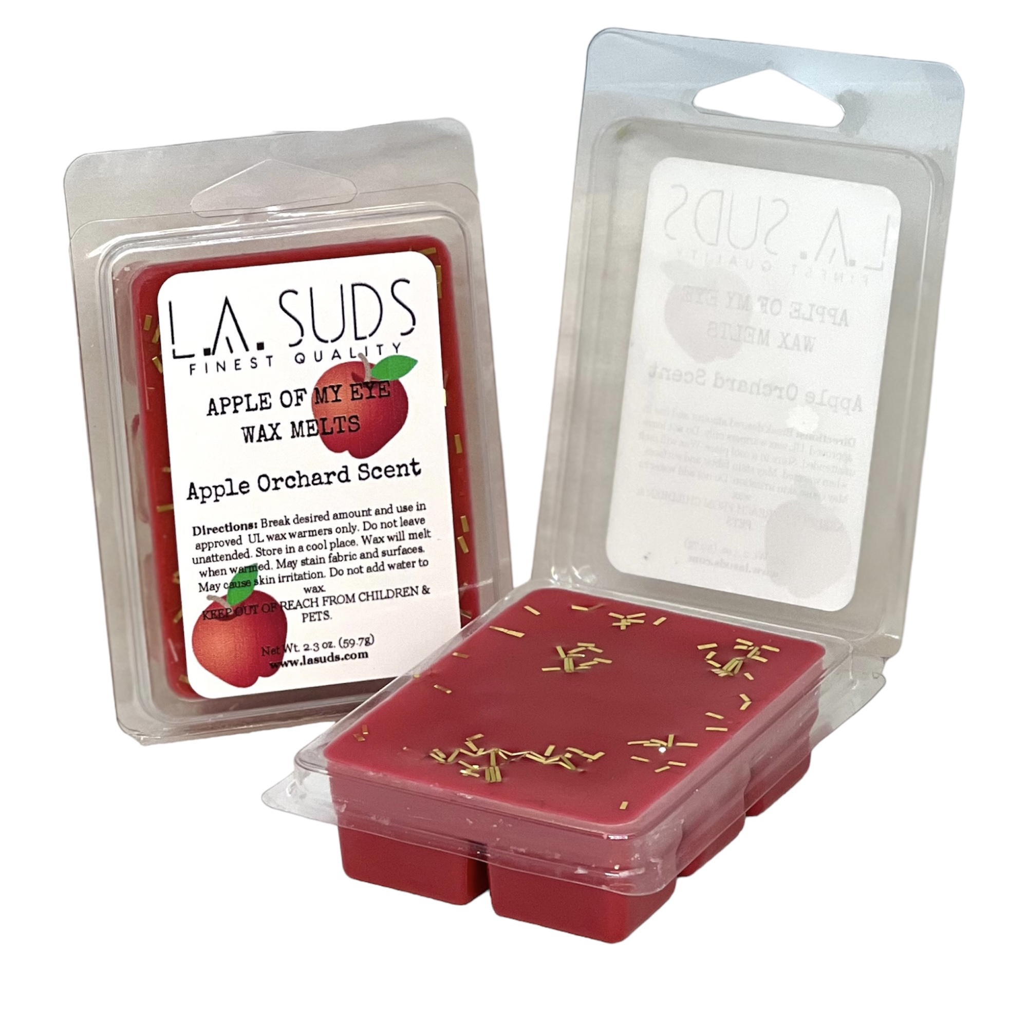 Apple of My Eye Fall Wax Melts in a decorative package, featuring six red wax cubes with gold glitter, evoking a cozy autumn atmosphere.