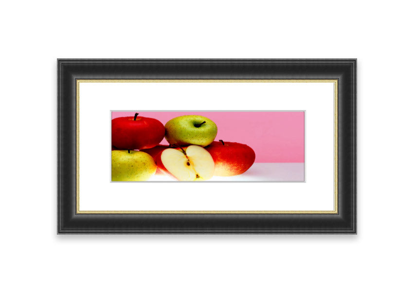 A beautifully framed print titled 'Apple Surprise', showcasing vibrant apple-themed artwork, available in various frame colors.