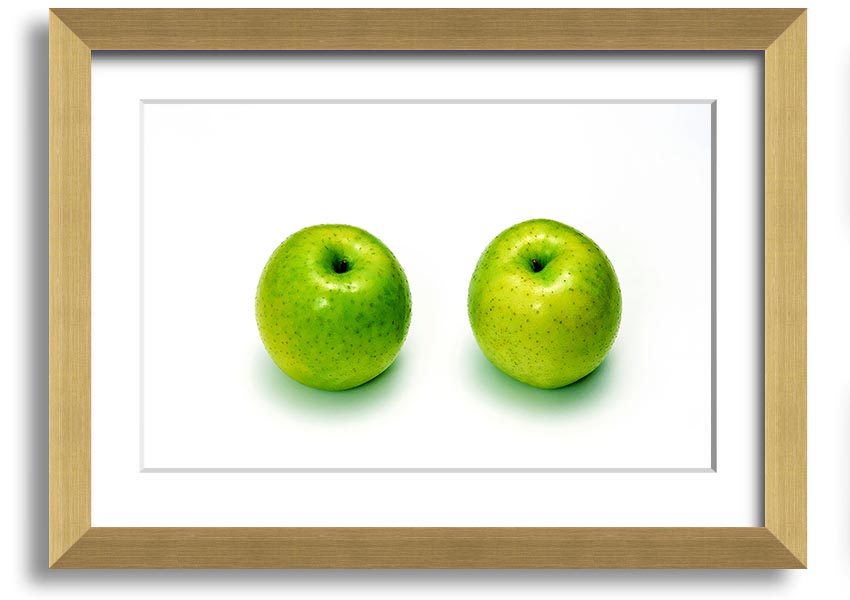 A beautifully framed print of twin apples, showcasing vibrant colors and available in various frame options.
