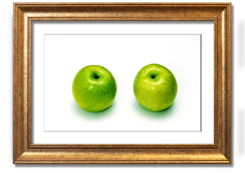 A beautifully framed print of twin apples, showcasing vibrant colors and available in various frame options.