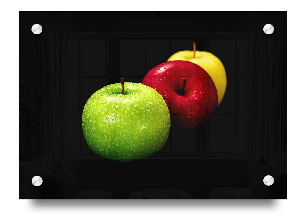 A vibrant acrylic print of apples, showcasing rich colors and a glossy finish, ready to hang on a wall.