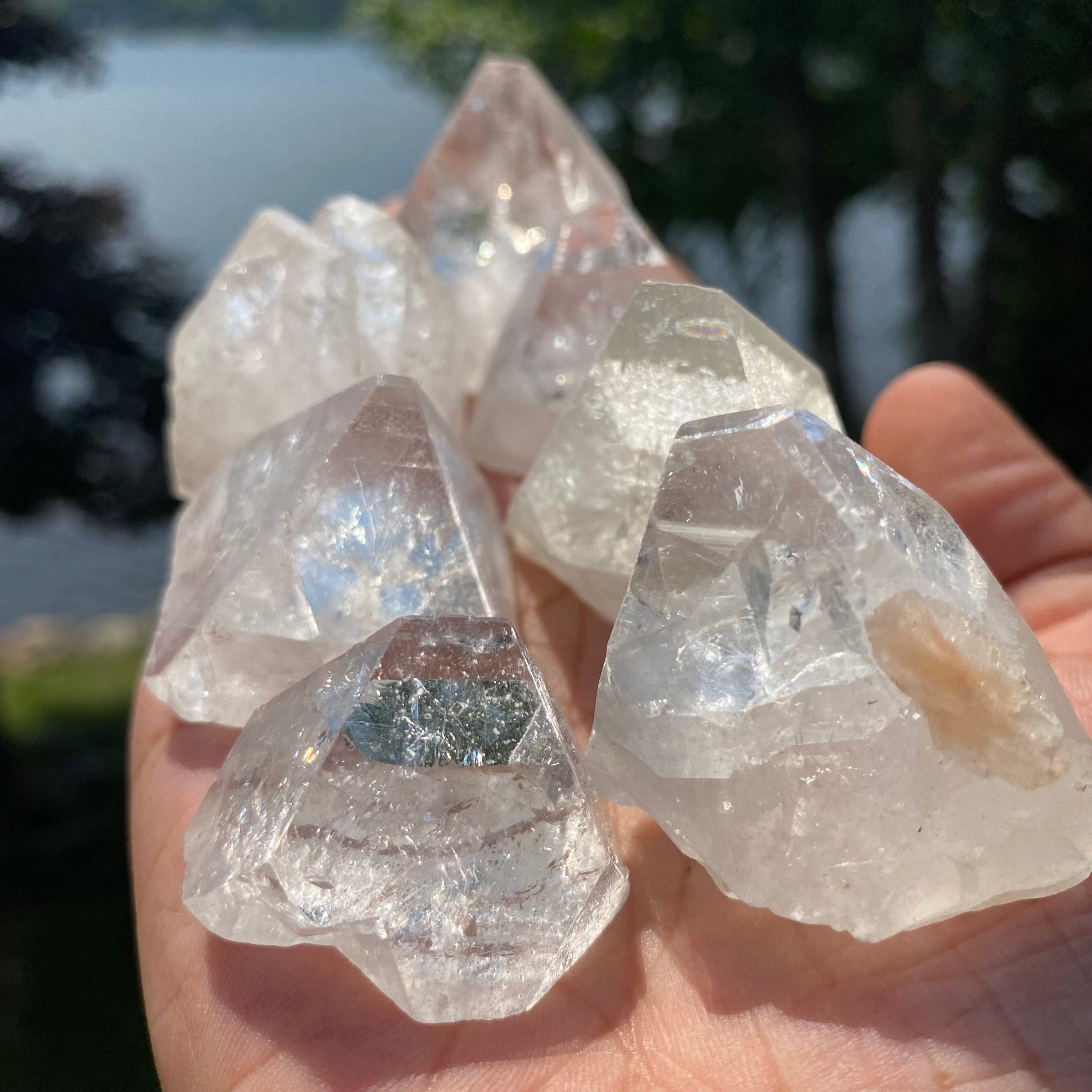 A collection of iridescent Apophyllite Polished Tips showcasing unique shapes and reflective surfaces.