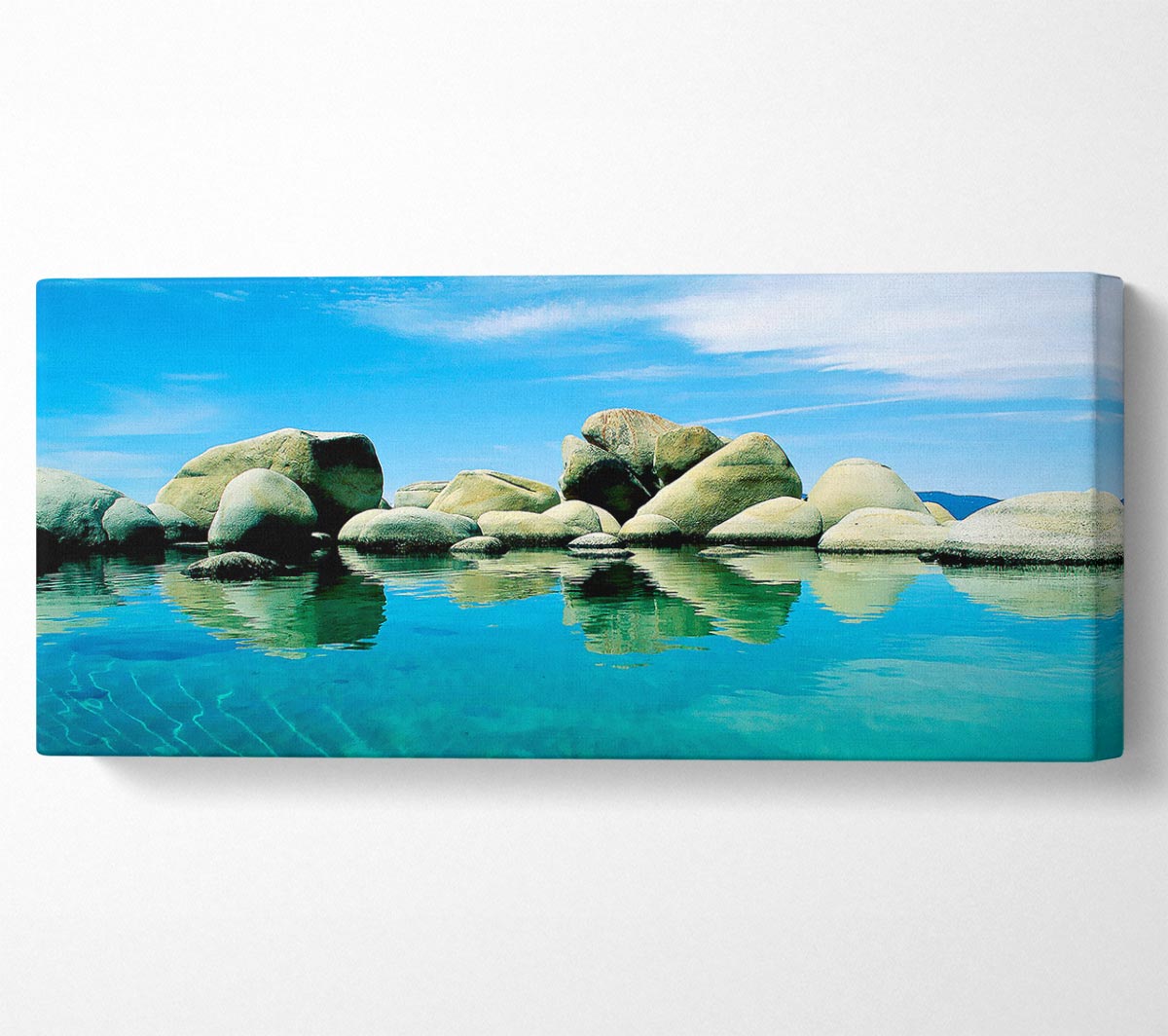 Aqua Rock Pool canvas art mounted on a 44mm box frame, showcasing serene water and rock imagery.
