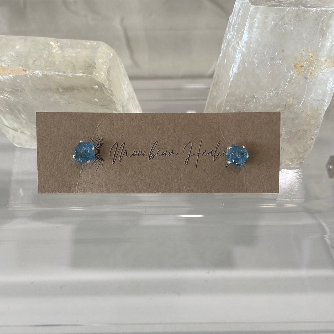 Aquamarine Rough Cut Stud Earrings in Sterling Silver, showcasing unique rough cut stones set in elegant silver.