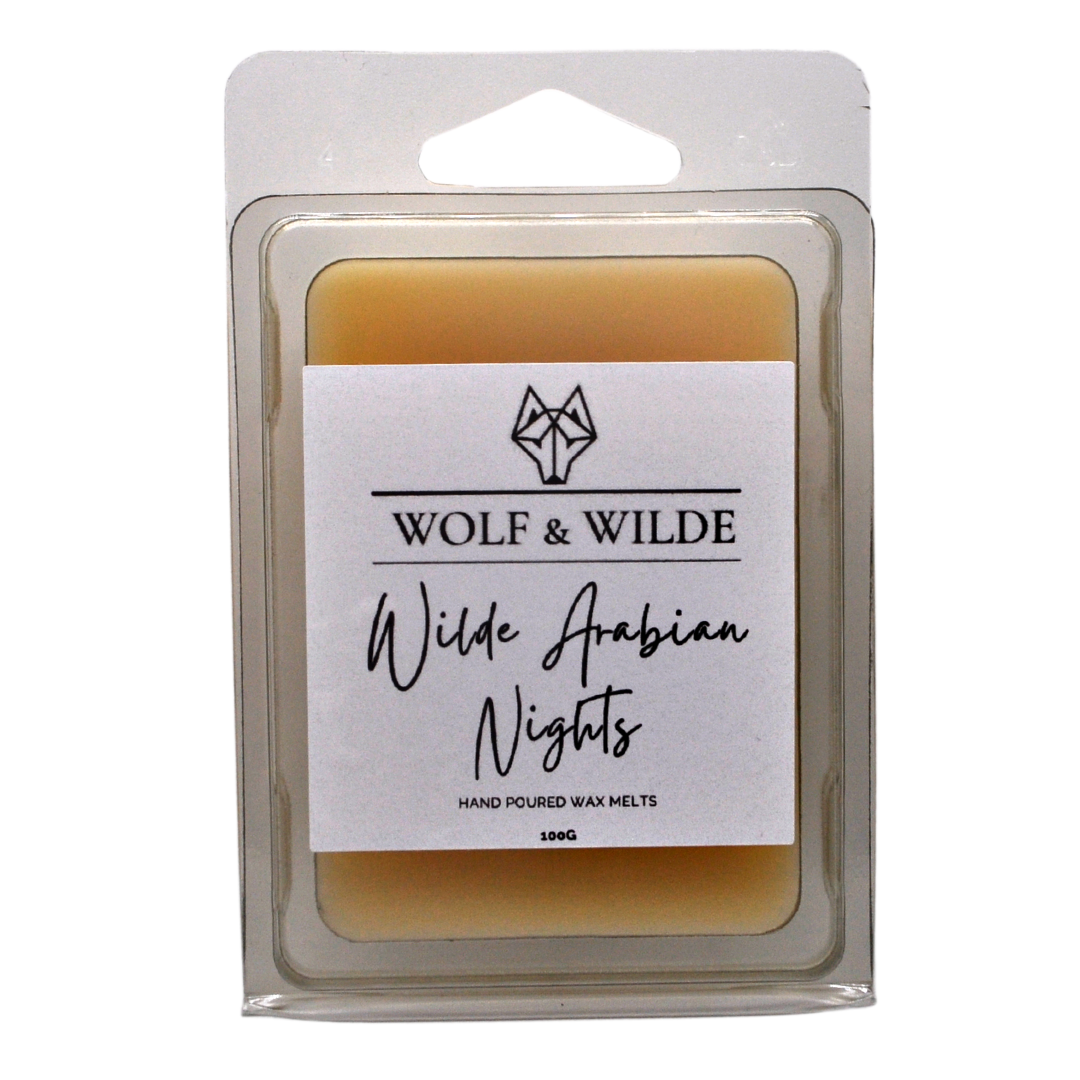 Arabian Nights Soy Wax Melts in a decorative package, featuring 6 blocks of rich, exotic scents.