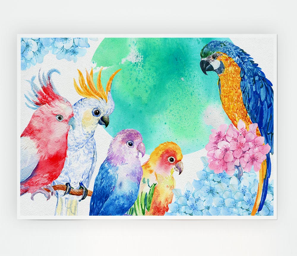 A vibrant canvas poster featuring an array of colorful watercolour parrots, showcasing their intricate details and lively colors.