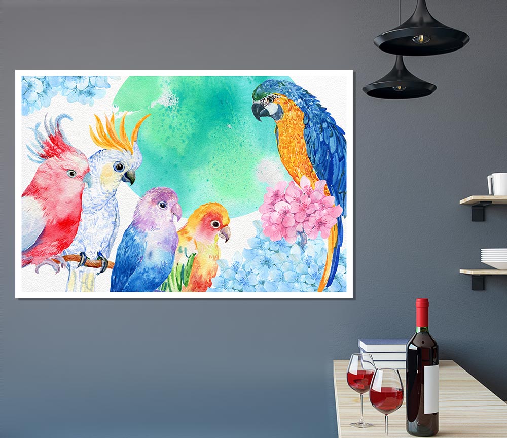 A vibrant canvas poster featuring an array of colorful watercolour parrots, showcasing their intricate details and lively colors.