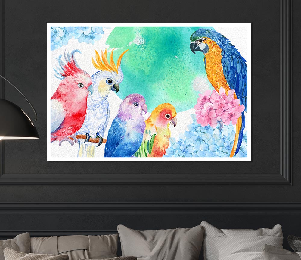 A vibrant canvas poster featuring an array of colorful watercolour parrots, showcasing their intricate details and lively colors.