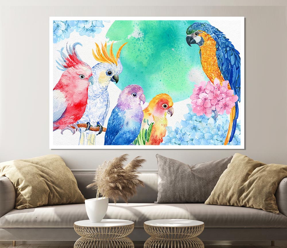 A vibrant canvas poster featuring an array of colorful watercolour parrots, showcasing their intricate details and lively colors.