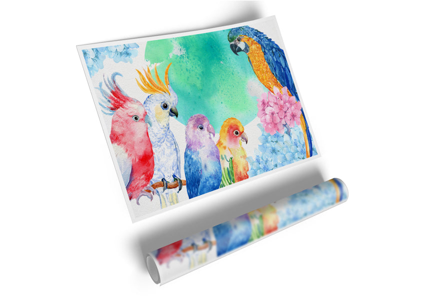 A vibrant canvas poster featuring an array of colorful watercolour parrots, showcasing their intricate details and lively colors.