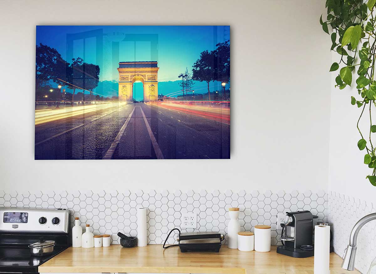 Arc De Triomphe 11 glass print showcasing modern art with vibrant colors and intricate details.