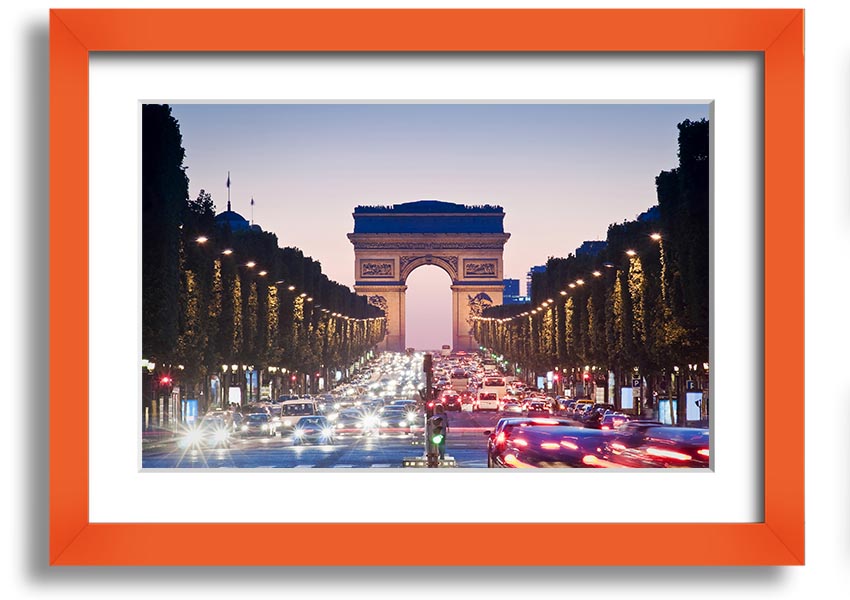 Framed print of the Arc De Triomphe, showcasing intricate details and vibrant colors, available in various frame colors.