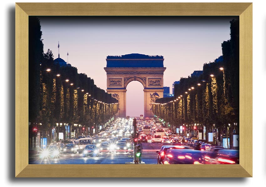 Framed print of the Arc De Triomphe, showcasing intricate details and vibrant colors, available in various frame colors.
