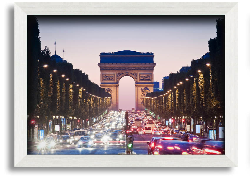 Framed print of the Arc De Triomphe, showcasing intricate details and vibrant colors, available in various frame colors.