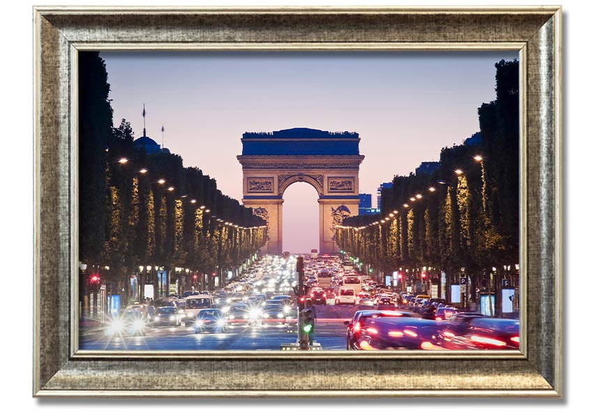 Framed print of the Arc De Triomphe, showcasing intricate details and vibrant colors, available in various frame colors.