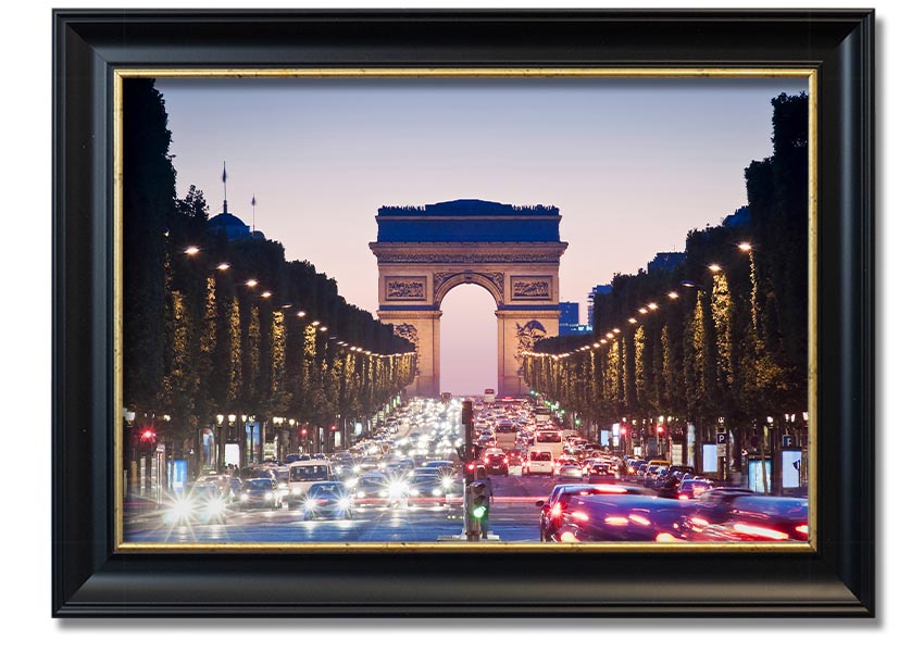 Framed print of the Arc De Triomphe, showcasing intricate details and vibrant colors, available in various frame colors.