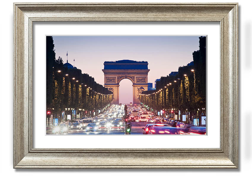 Framed print of the Arc De Triomphe, showcasing intricate details and vibrant colors, available in various frame colors.