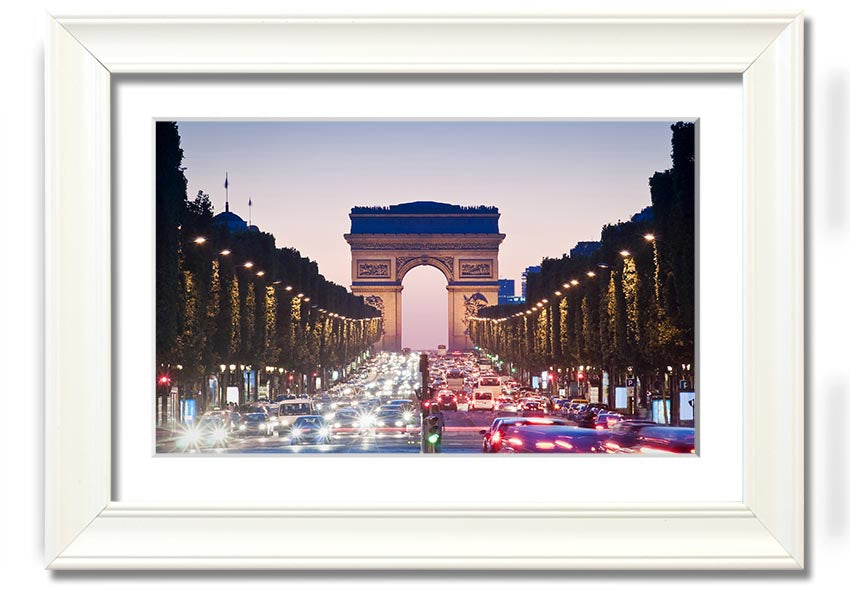 Framed print of the Arc De Triomphe, showcasing intricate details and vibrant colors, available in various frame colors.