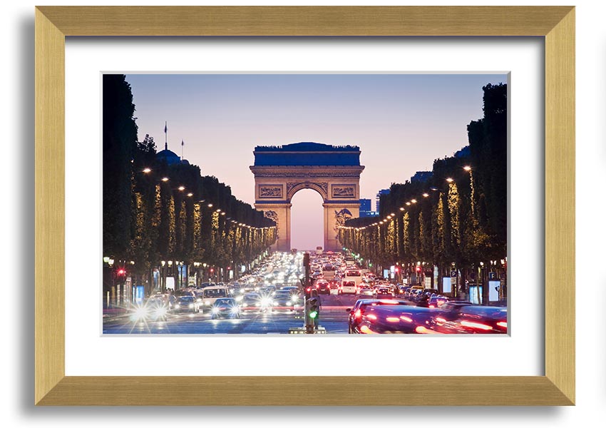 Framed print of the Arc De Triomphe, showcasing intricate details and vibrant colors, available in various frame colors.