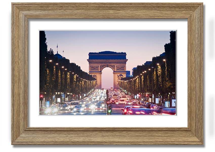 Framed print of the Arc De Triomphe, showcasing intricate details and vibrant colors, available in various frame colors.