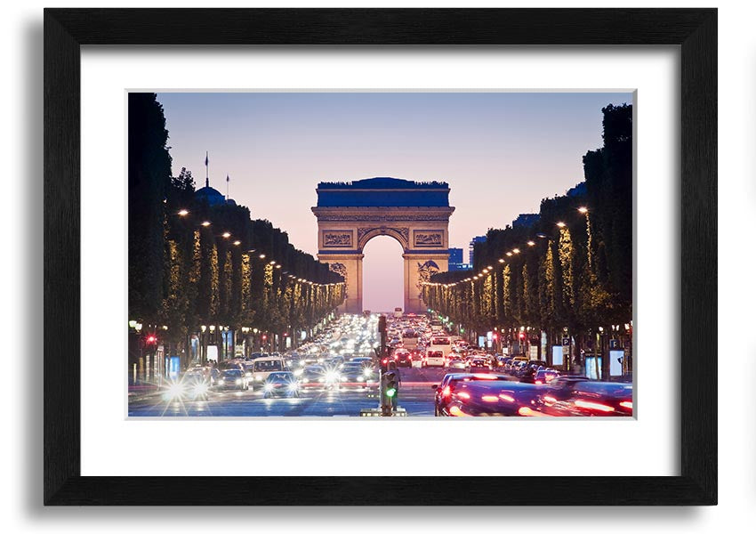 Framed print of the Arc De Triomphe, showcasing intricate details and vibrant colors, available in various frame colors.