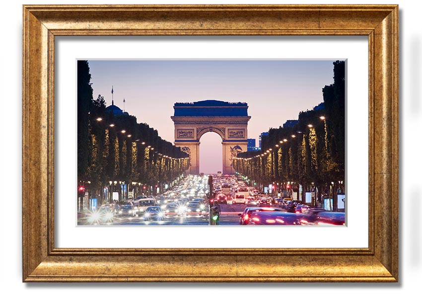 Framed print of the Arc De Triomphe, showcasing intricate details and vibrant colors, available in various frame colors.