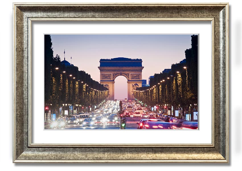 Framed print of the Arc De Triomphe, showcasing intricate details and vibrant colors, available in various frame colors.