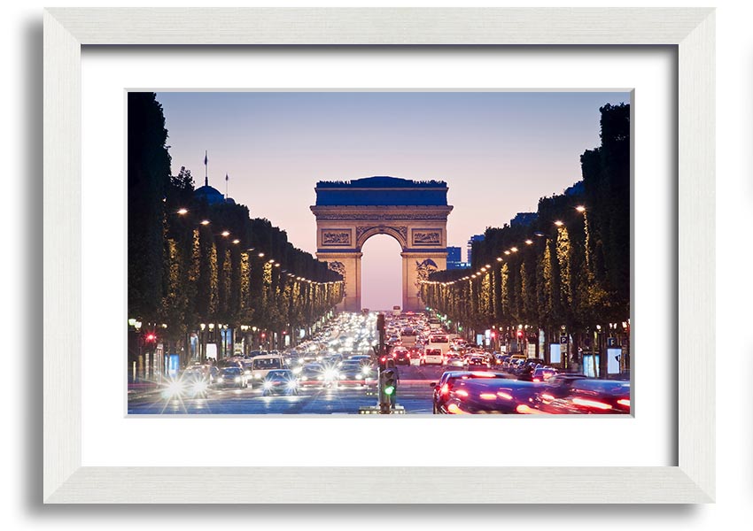 Framed print of the Arc De Triomphe, showcasing intricate details and vibrant colors, available in various frame colors.