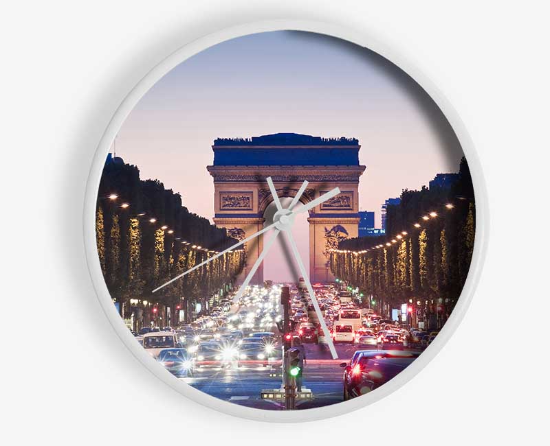 Arc De Triomphe 10 bamboo clock with a round face, available in black, white, and natural frame colors, featuring a clear Plexiglas lens.