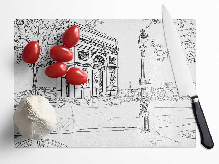 Arc De Triomphe 2 chopping board made of tempered glass with a chinchilla ripple effect and anti-slip feet.