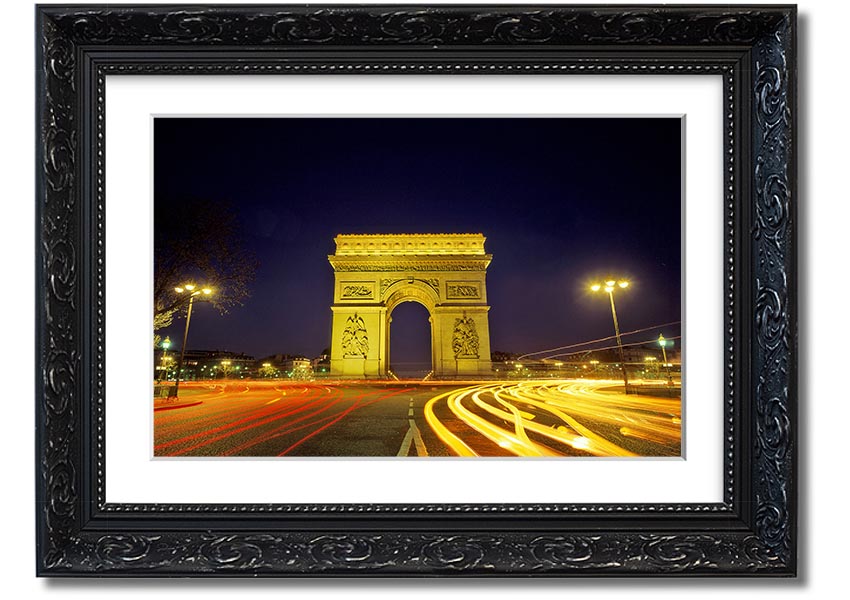 Framed print of the Arc De Triomphe, showcasing intricate details and vibrant colors, available in various frame colors.
