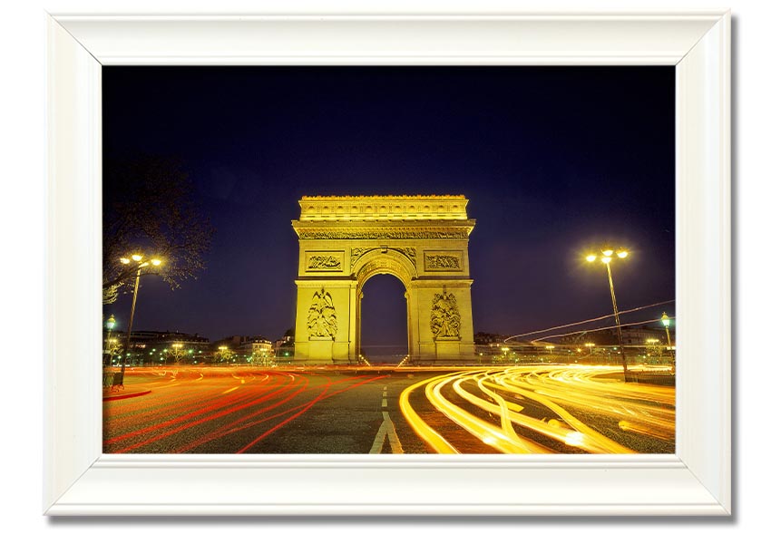 Framed print of the Arc De Triomphe, showcasing intricate details and vibrant colors, available in various frame colors.