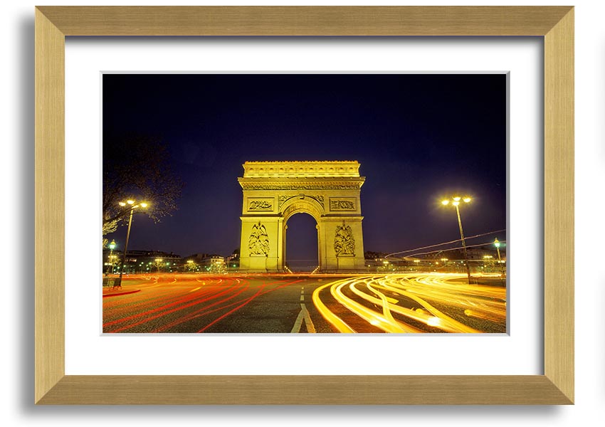 Framed print of the Arc De Triomphe, showcasing intricate details and vibrant colors, available in various frame colors.