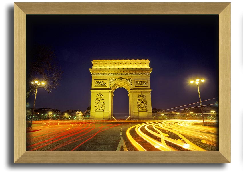Framed print of the Arc De Triomphe, showcasing intricate details and vibrant colors, available in various frame colors.
