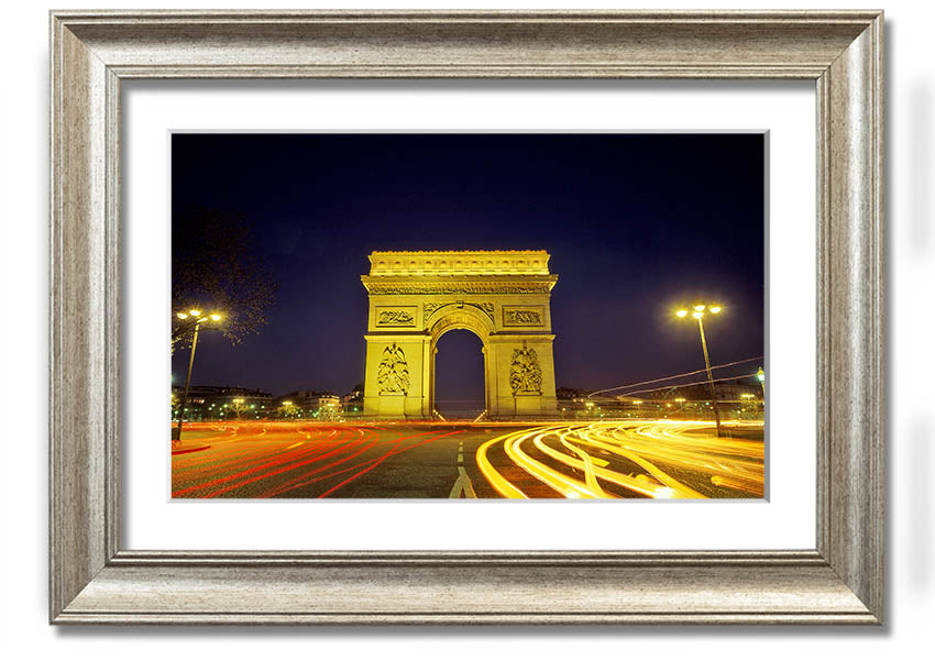 Framed print of the Arc De Triomphe, showcasing intricate details and vibrant colors, available in various frame colors.