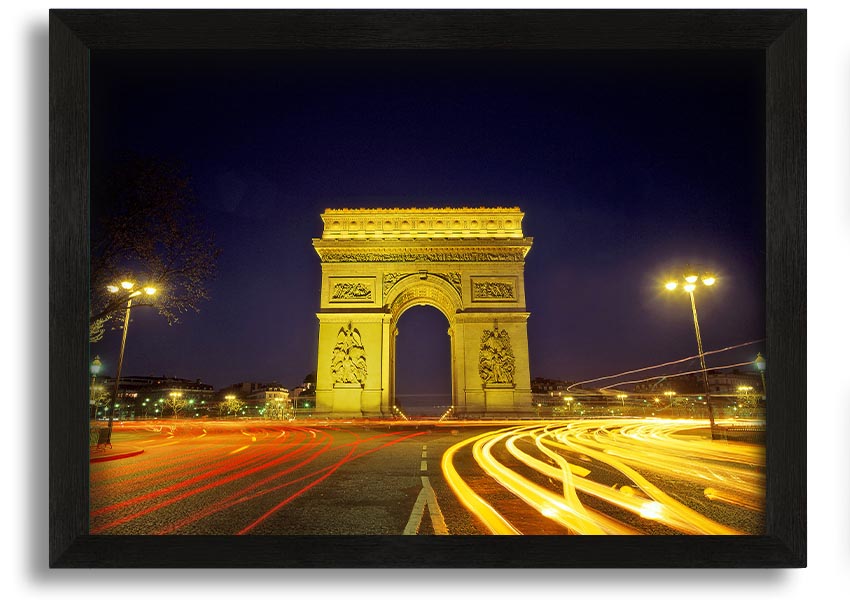 Framed print of the Arc De Triomphe, showcasing intricate details and vibrant colors, available in various frame colors.