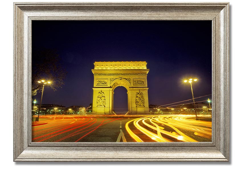 Framed print of the Arc De Triomphe, showcasing intricate details and vibrant colors, available in various frame colors.