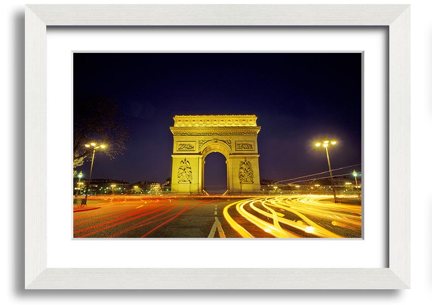 Framed print of the Arc De Triomphe, showcasing intricate details and vibrant colors, available in various frame colors.