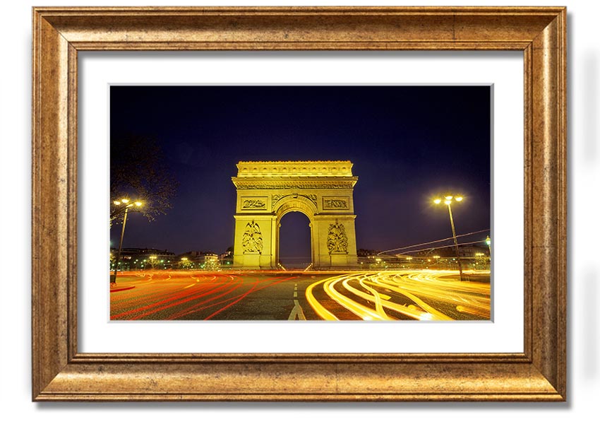 Framed print of the Arc De Triomphe, showcasing intricate details and vibrant colors, available in various frame colors.