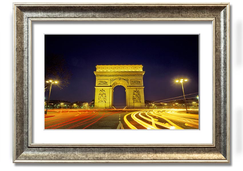 Framed print of the Arc De Triomphe, showcasing intricate details and vibrant colors, available in various frame colors.