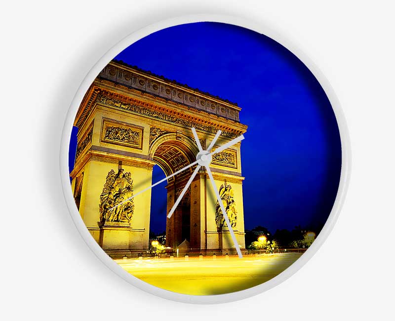 Arc De Triomphe clock made from natural bamboo with a round face, available in black, white, and natural frame colors.