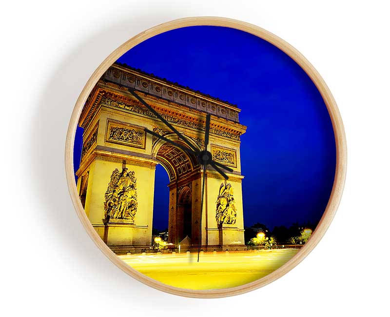 Arc De Triomphe clock made from natural bamboo with a round face, available in black, white, and natural frame colors.
